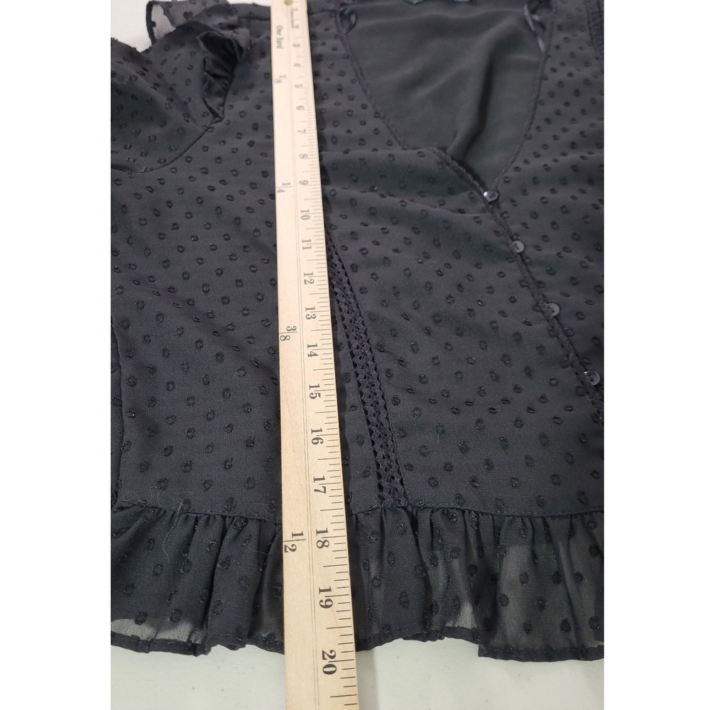 ZARA Black Ruffle Swiss Dot V-Neck Button Up Long Sleeve Blouse Top L Baby Doll - Picture 8 of 10